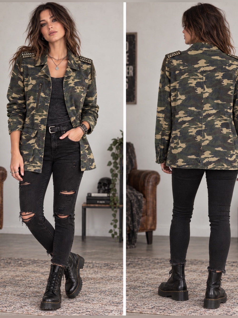 Toska Women’s Medium Camo Military Jacket Studded Epaulets Utility Cotton